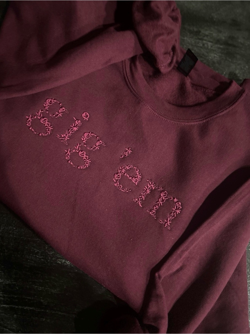 Gig’em Floral Script Crewneck Sweatshirt - Maroon with Maroon Embroidery